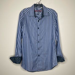 Robert Graham Men’s Striped Contrast Cuff Button Up Dress Shirt Blue Small S